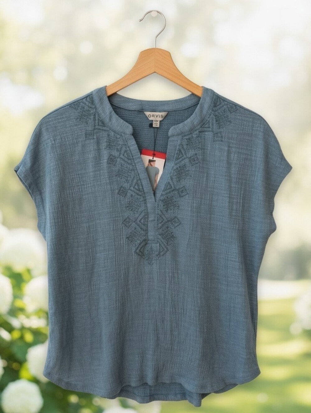 NWT Orvis Women Slate Blue Embroidered Split-Neck Blouse Size M